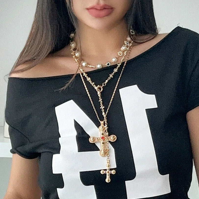 Luxury Rhinestone Imitation Pearl Beads Chain Necklace Women Wed Bridal Vintage Jesus Cross Pendant Choker Y2K Jewelry