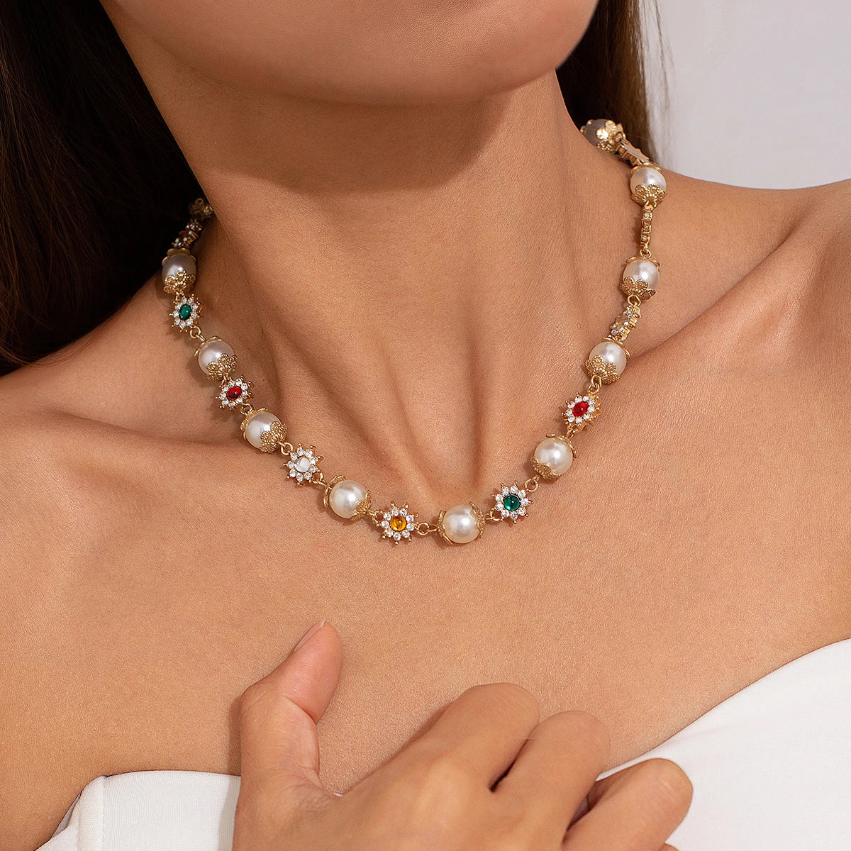 Luxury Rhinestone Imitation Pearl Beads Chain Necklace Women Wed Bridal Vintage Jesus Cross Pendant Choker Y2K Jewelry