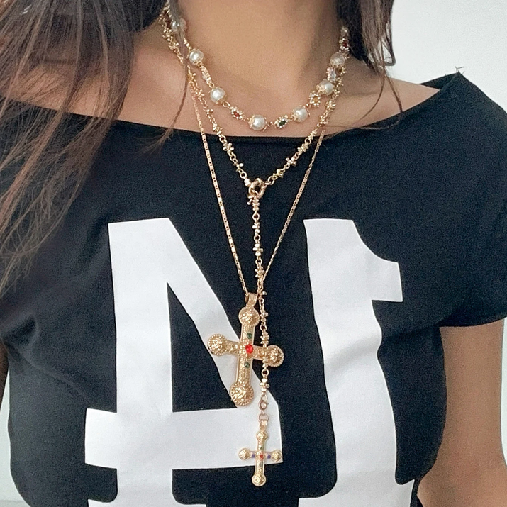 Luxury Rhinestone Imitation Pearl Beads Chain Necklace Women Wed Bridal Vintage Jesus Cross Pendant Choker Y2K Jewelry