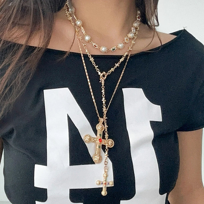 Luxury Rhinestone Imitation Pearl Beads Chain Necklace Women Wed Bridal Vintage Jesus Cross Pendant Choker Y2K Jewelry