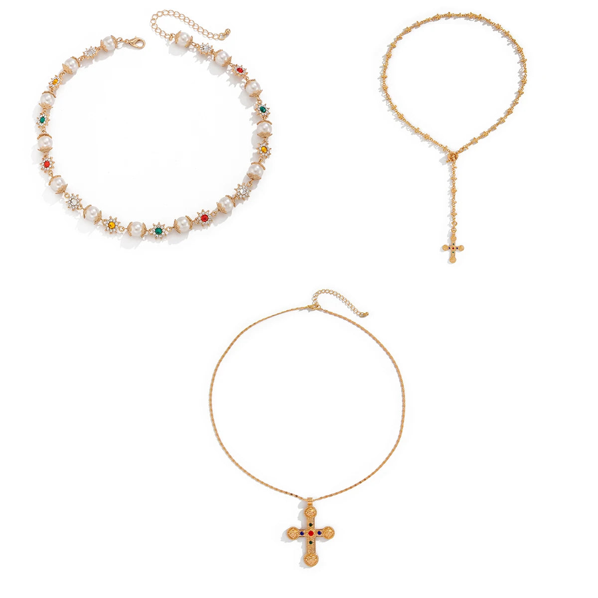 Luxury Rhinestone Imitation Pearl Beads Chain Necklace Women Wed Bridal Vintage Jesus Cross Pendant Choker Y2K Jewelry