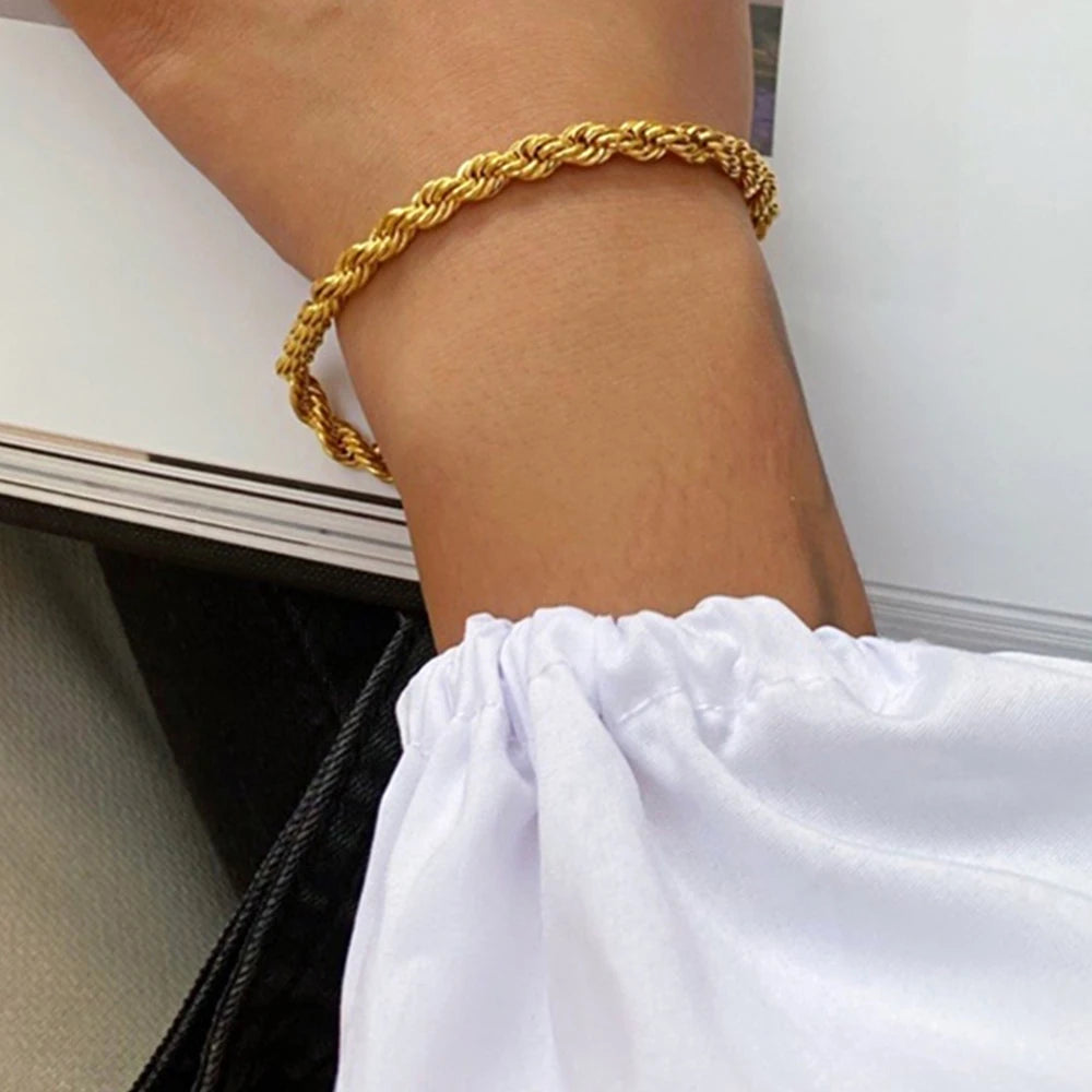 Emanco Twisted Rope Chian Bracelet for Woman Hip Hop Punk 4MM Gold Color Stainless Steel Gold Color Necklace Fashion Jewelry