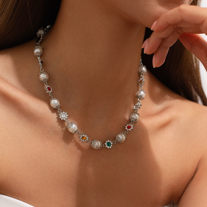 Luxury Rhinestone Imitation Pearl Beads Chain Necklace Women Wed Bridal Vintage Jesus Cross Pendant Choker Y2K Jewelry
