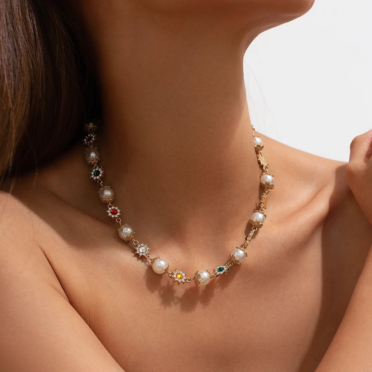 Luxury Rhinestone Imitation Pearl Beads Chain Necklace Women Wed Bridal Vintage Jesus Cross Pendant Choker Y2K Jewelry